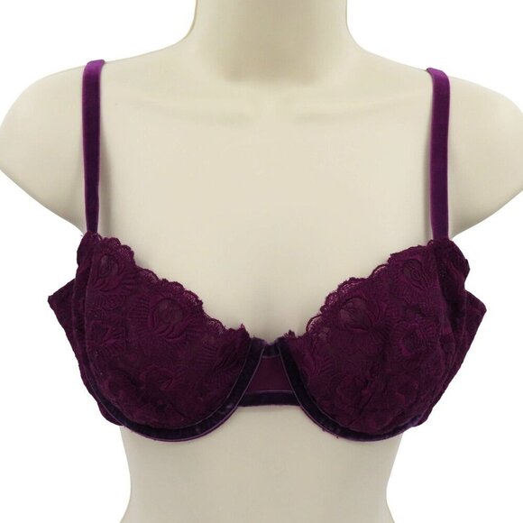 Victorias Secret 36C Bra Very Sexy Push Up Purple Lace Velvet Underwired Unlined - Picture 1 of 15